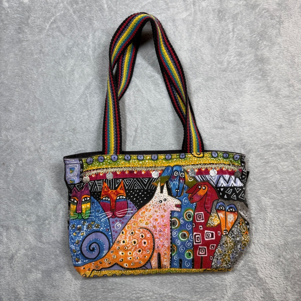 Laurel Burch Canvas Tote Bag Womens Shoulder Cat Dog Rainbow Art Y2K